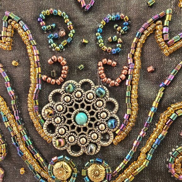 80s Jessica McClintock Fringe Beaded X-Body Bag Multicolor on Brown Zip Close - Picture 5 of 10